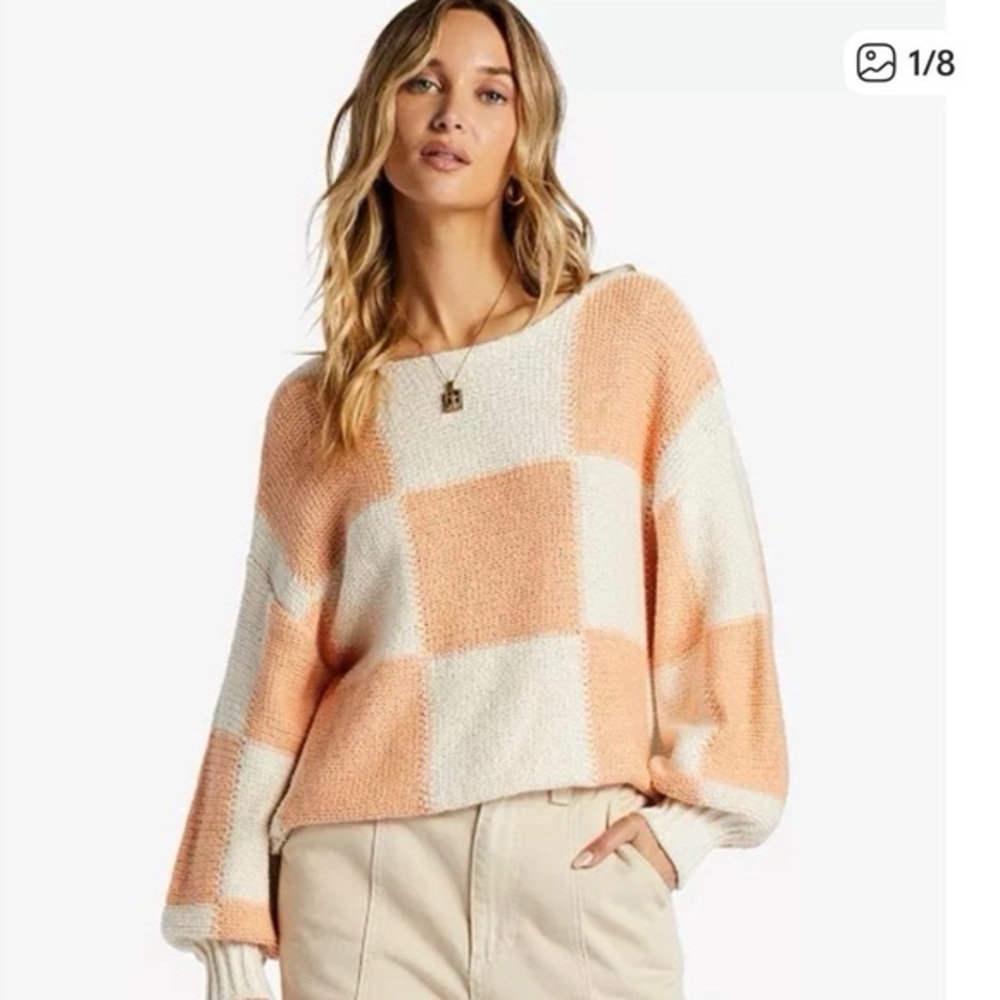 BILLABONG peach white checkered cropped knitted long sleeve sweater top NWT S